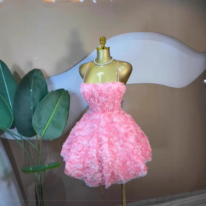 Vestido Mini Burbuja Hombros Descubiertos Sin Mangas Cintura Alta Floral Dulce Mujer