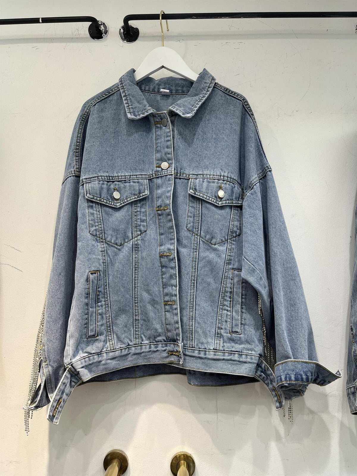 Chaqueta Corta Vaquera Denim Algodón Manga Murciélago Cadenas Flecos Industria Pesada Street Fashion Mujer Azul