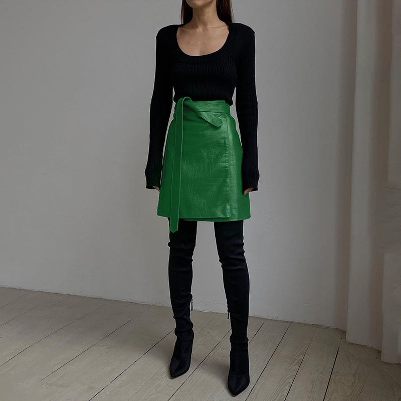 Mini Falda Envolvente Cuero Sintético PU Cintura Alta Abertura Tirantes Streetwear Hot Girl Verde Mujer