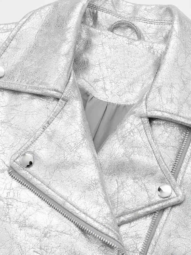 Chaqueta Bomber Corta Cuero Sintético Plateado Manga Larga Solapa Bolsillos Streetwear Otoño Mujer