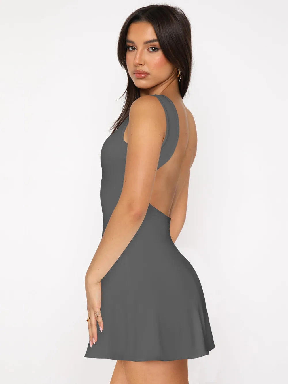 Vestido Mini Sin Espalda Tirantes Anchos Cintura Alta Slim Fit Mujer