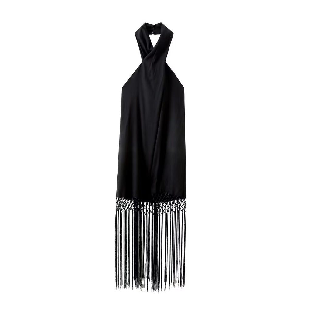 Black Fringe Decorated Halter Neck Linen Dress