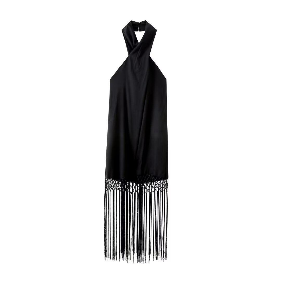 Black Fringe Decorated Halter Neck Linen Dress
