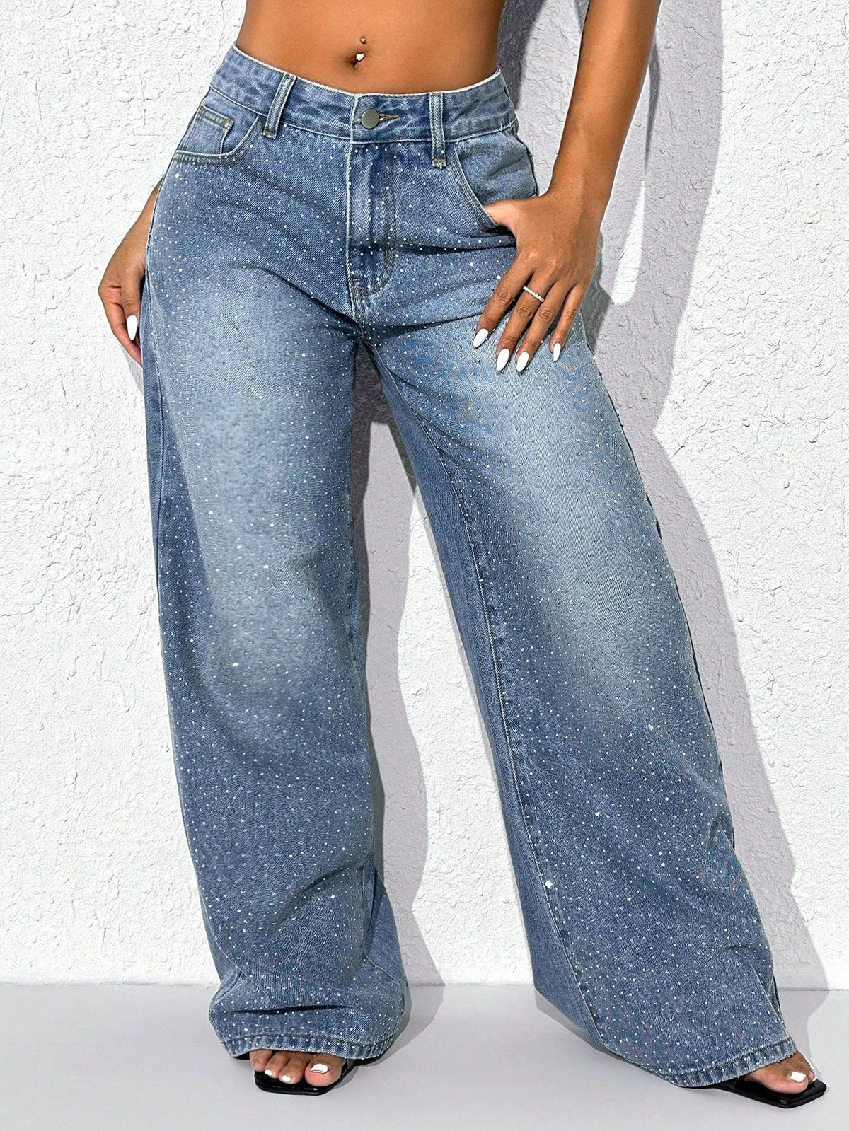 Vaquero Largo Recto Holgado Cintura Alta Strass Denim Lavado Street Fashion Mujer