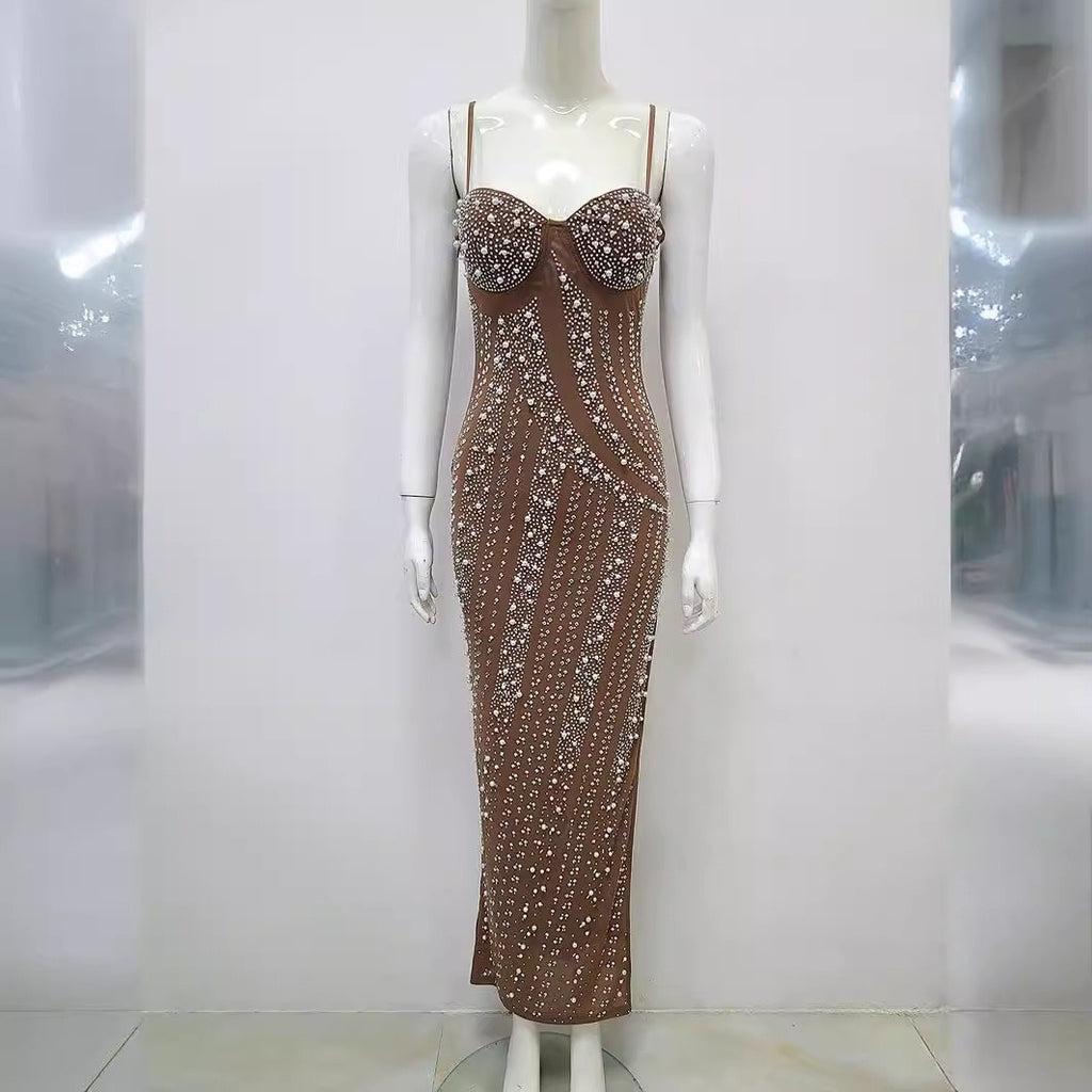 Vestido Tirantes Escote Pronunciado Abertura Alta Diamantes Perlas Light Luxury Fiesta Noche Mujer Camel