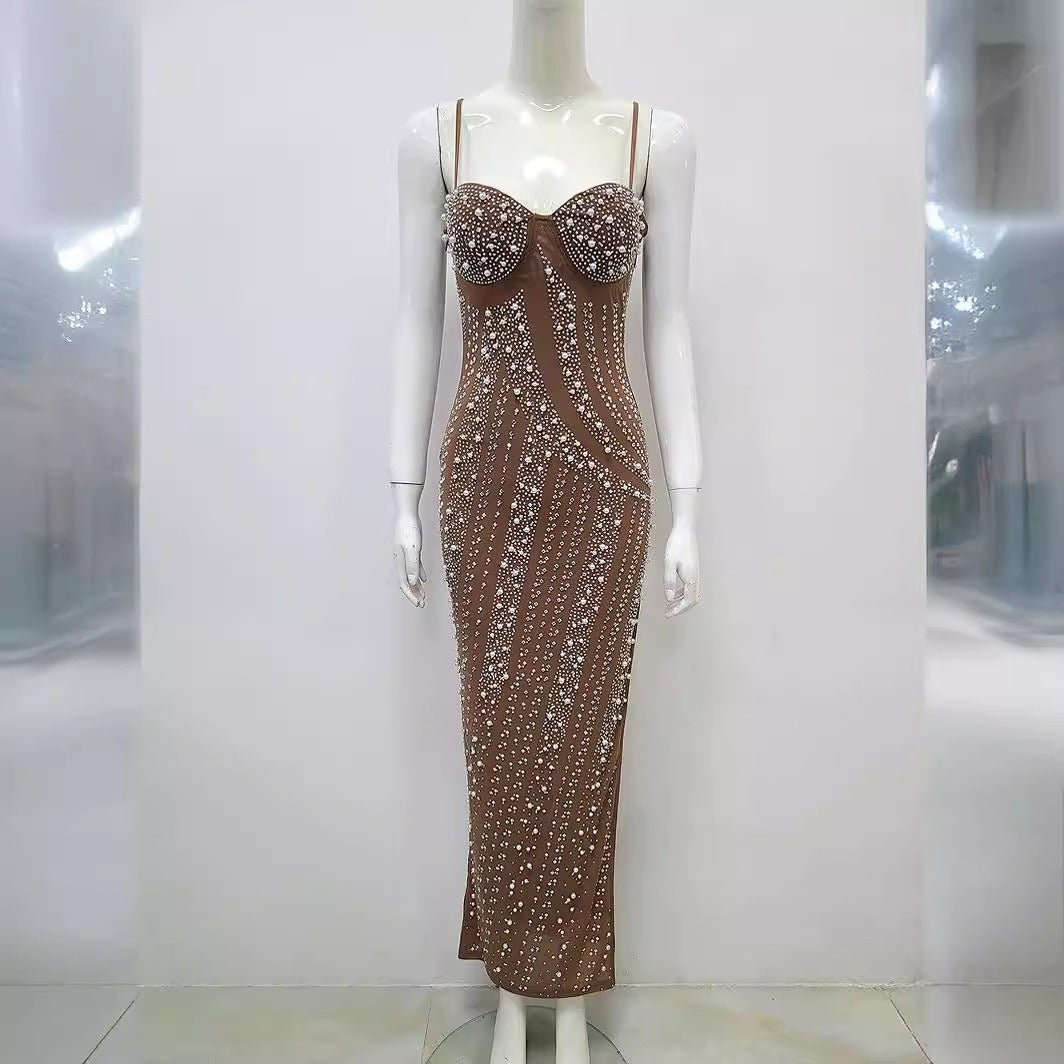 Vestido Tirantes Escote Pronunciado Abertura Alta Diamantes Perlas Light Luxury Fiesta Noche Mujer Camel