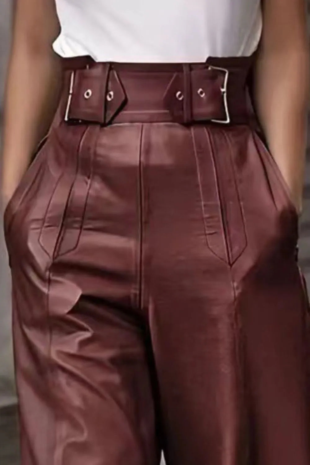 Pantalón Acampanado Cintura Alta Cuero Sintético PU con Bolsillos Mujer