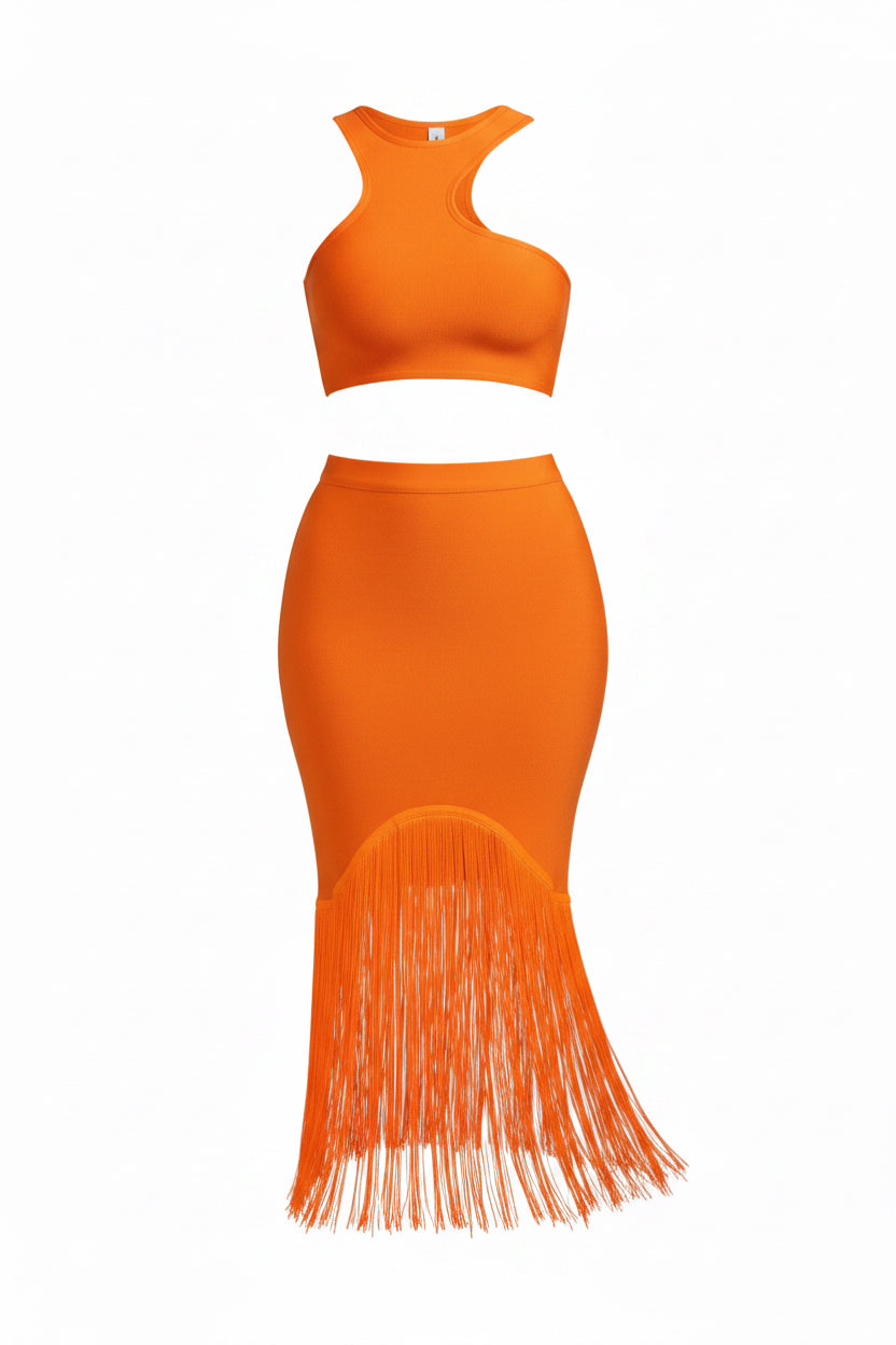 Conjunto de Dos Piezas de Vendaje para Mujer: Top y Falda Elegante, Sexy, con Flecos en Naranja