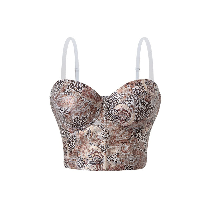 Fitted Boned Printed Short Top Vintage Vest