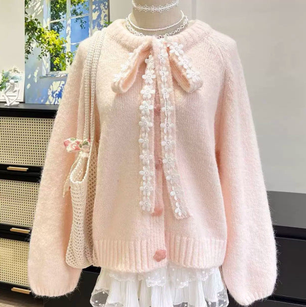 Soft Style Bow Flower Tie-Neck Knit Cardigan for Women