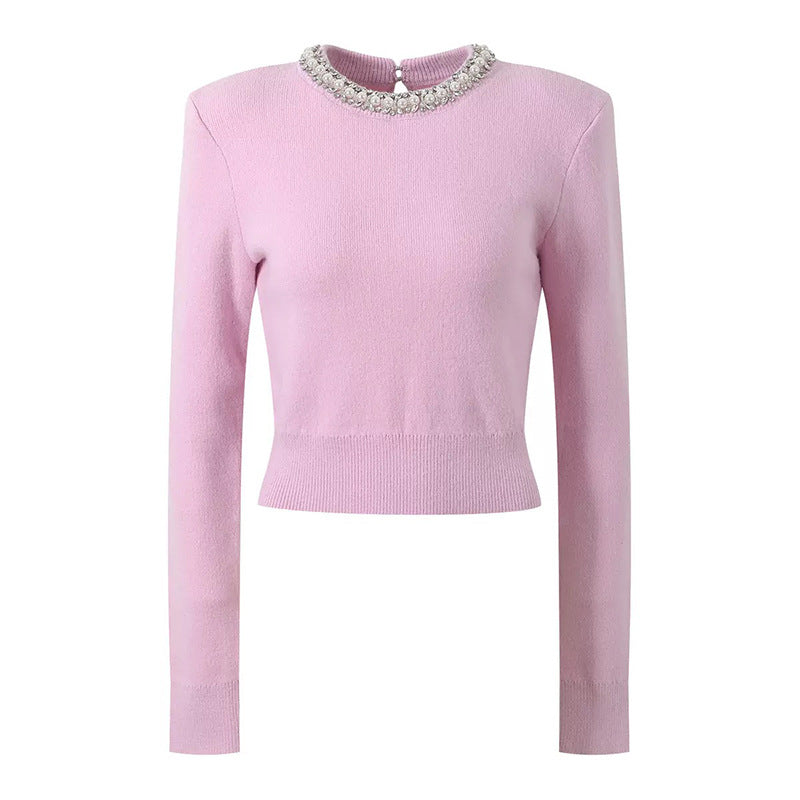 Chic Pearl and Rhinestone Embellished Round Neck French Sweet Girl Style Versatile Knit Sweater for Women