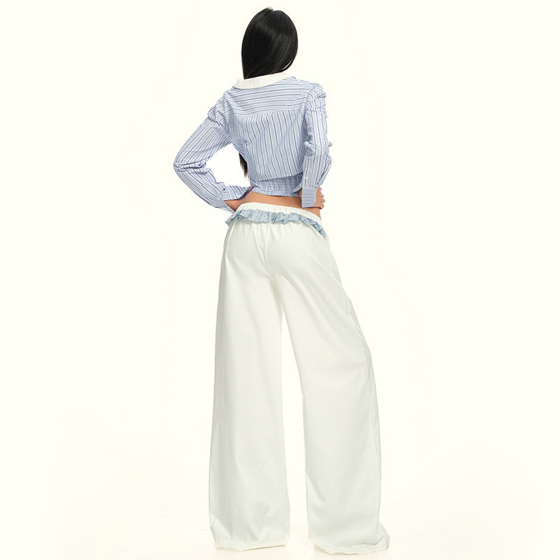 Pantalón Pierna Ancha Cintura Alta Encaje Empalme Botones Casual Romántico Blanco Mujer