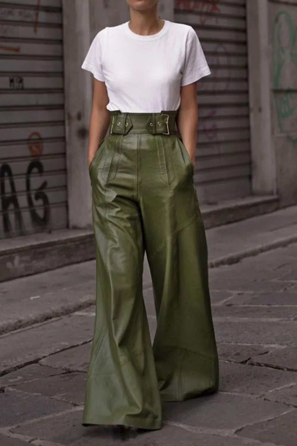 Pantalón Acampanado Cintura Alta Cuero Sintético PU con Bolsillos Mujer