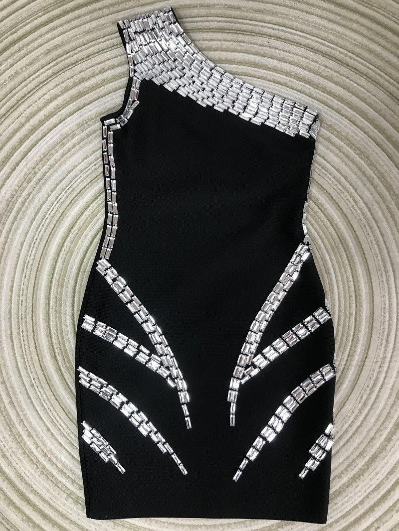 Vestido Bandage Spandex Hombro Diagonal Diamantes Cosidos Cremallera Elegante Alta Calidad Noche Mujer Negro