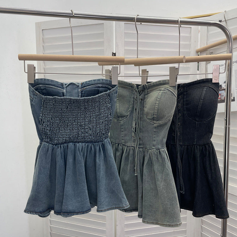 Strapless denim vest with rope tie and sleeveless top