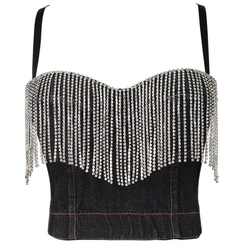Top corto tipo corsé de mezclilla desgastada para fiesta, con tirantes finos, bustier sexy, lentejuelas brillantes, flecos y pedrería.