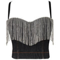 Top corto tipo corsé de mezclilla desgastada para fiesta, con tirantes finos, bustier sexy, lentejuelas brillantes, flecos y pedrería.