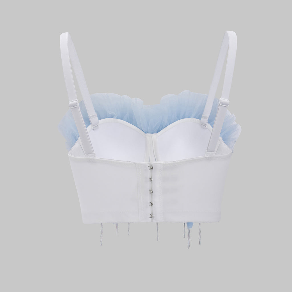 Mesh Strapless Top with Contrast Color Fishbone Design
