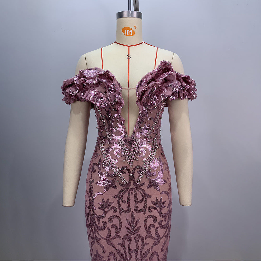 Vestido Largo Malla Manga Corta Escote V Slim Fit Abalorios Sexy Socialité Cremallera Mujer Rosa
