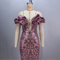 Vestido Largo Malla Manga Corta Escote V Slim Fit Abalorios Sexy Socialité Cremallera Mujer Rosa