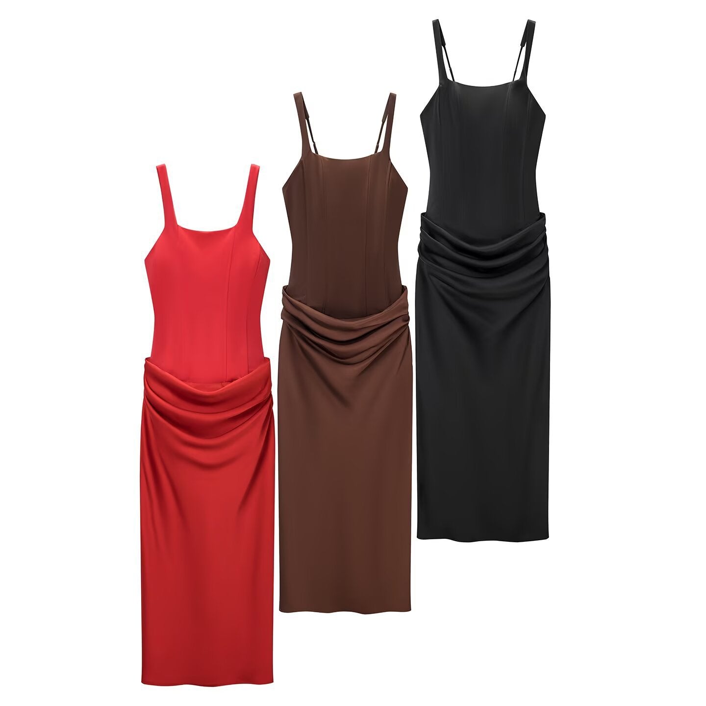 Vestido sin mangas ajustado a la cadera con plisados largo