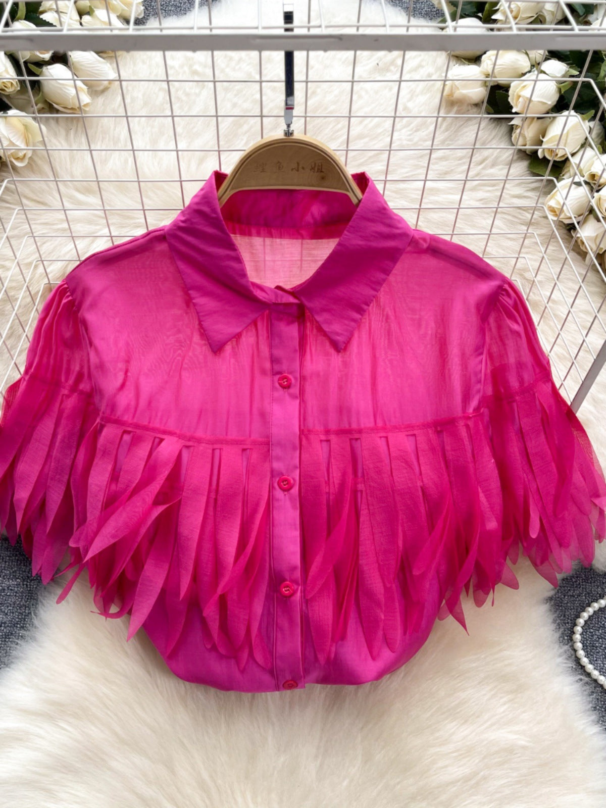 Top Sin Mangas Flecos Transparente Cuello Polo Holgado Mujer