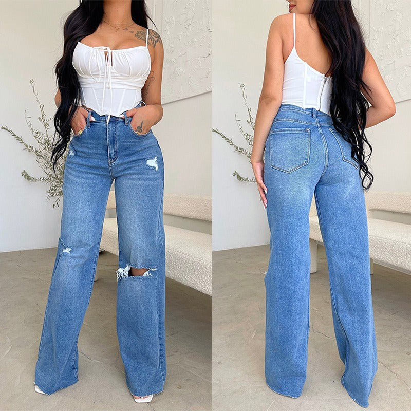 Vaqueros Rotos Pierna Ancha Cintura Alta Denim Vintage Casual Mujer