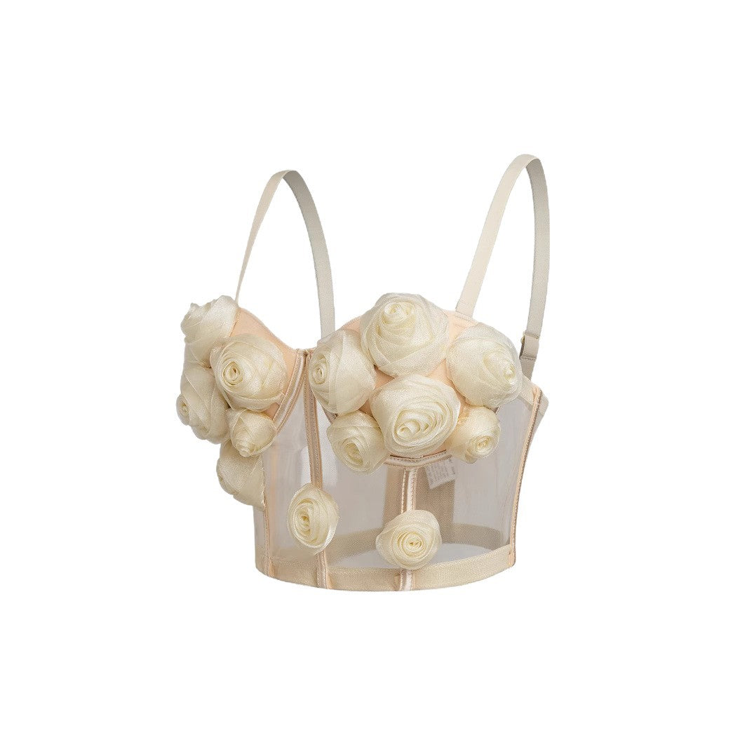 Top Bustier Malla Espalda Abierta Flor Rosa Sexy Mujer