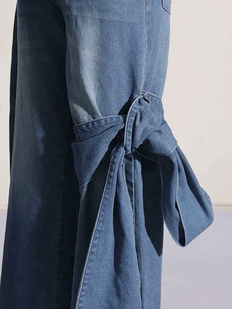 Vaqueros Pierna Ancha Cintura Alta Asimétrico Lazo Patchwork Denim Mujer