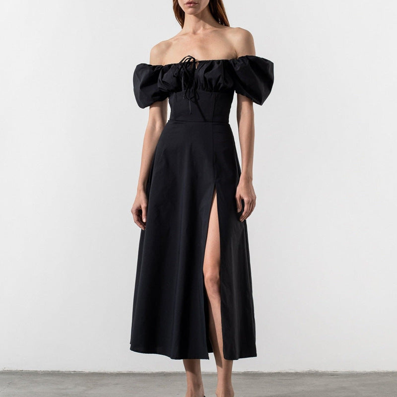 Vestido Largo Manga Burbuja Un Hombro Silueta A-Line con Abertura y Cordón Mujer