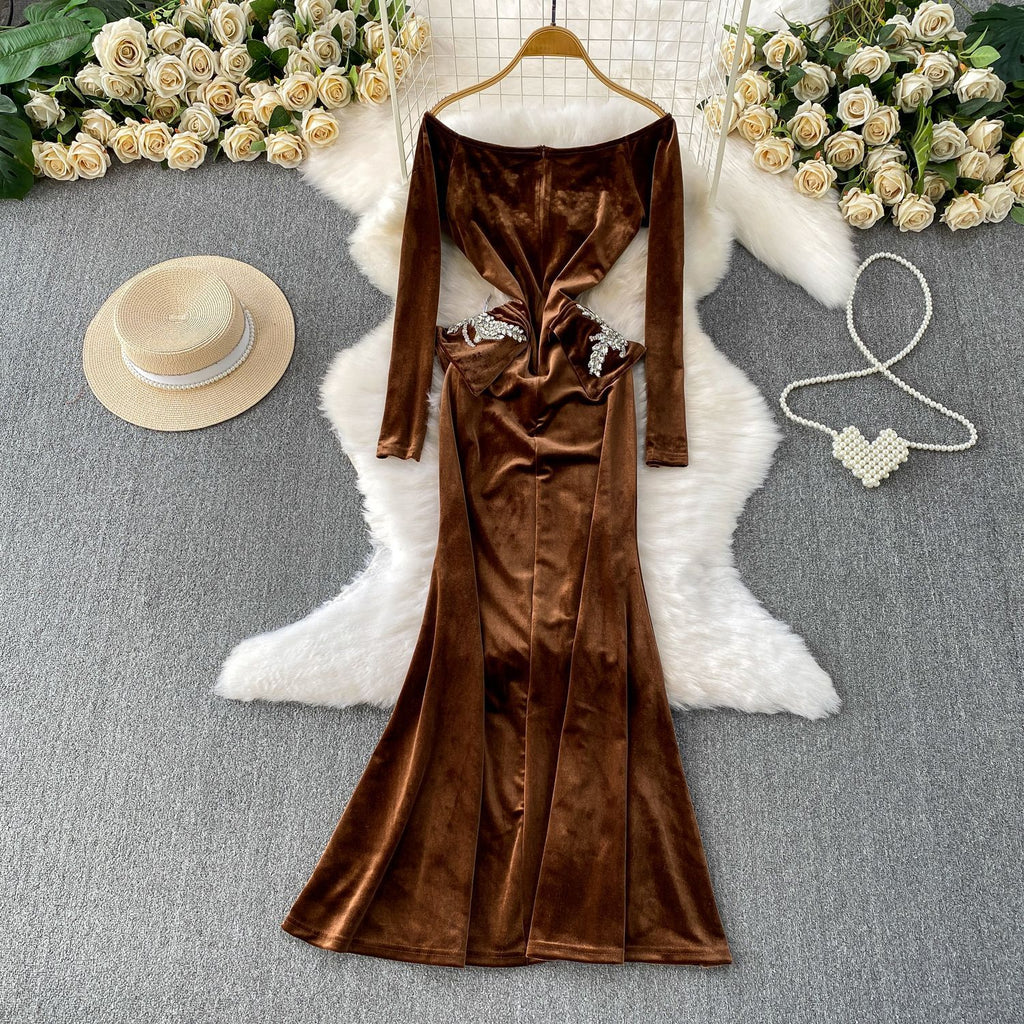 Vestido Largo Terciopelo Reina Gótica Un Hombro Diamantes Pencil Manga Larga