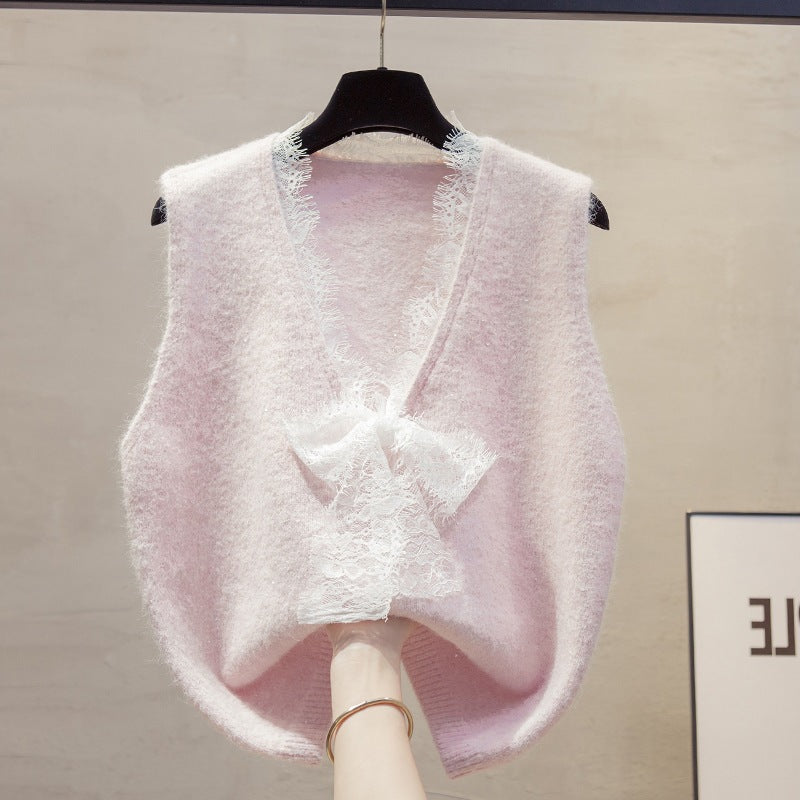 Lace Bow Knit Vest for Women, Soft and Loose V-Neck Sleeveless Sweater