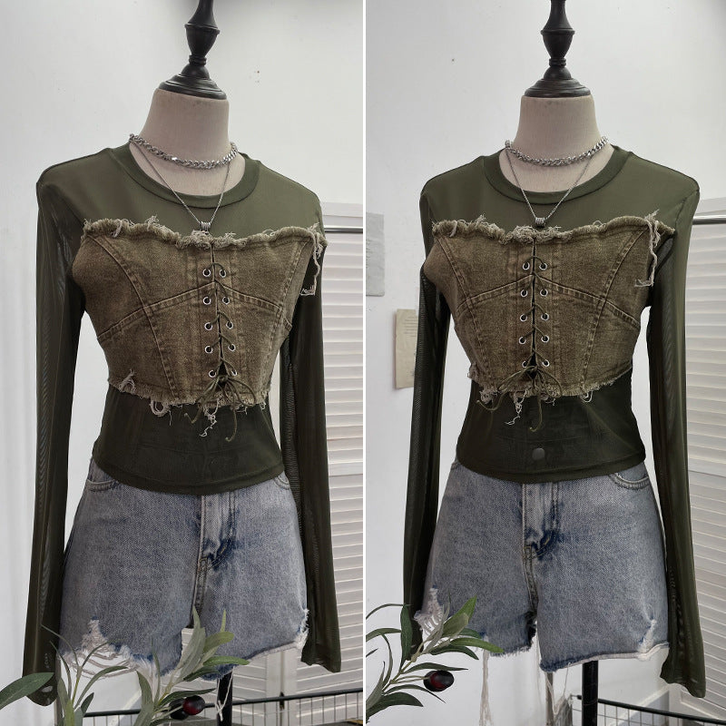 Denim Patchwork Frayed Binding Slim Long Sleeve Short Mesh Top T-Shirt
