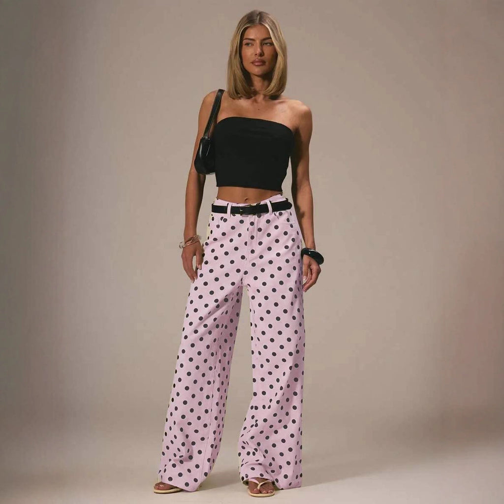 Vaquero Recto Holgado Talle Medio Lunares Denim Algodón Casual Chic Mujer