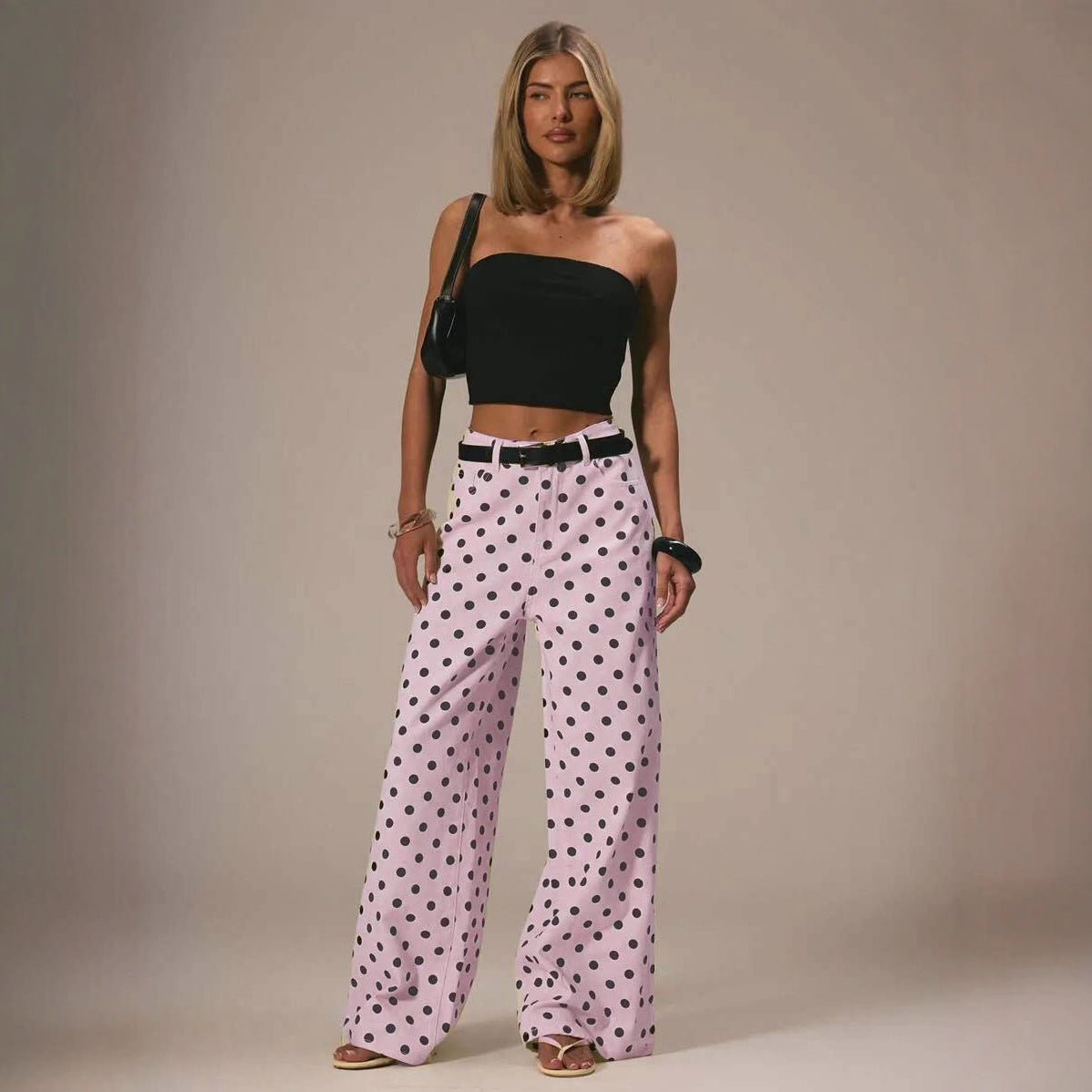 Vaquero Recto Holgado Talle Medio Lunares Denim Algodón Casual Chic Mujer