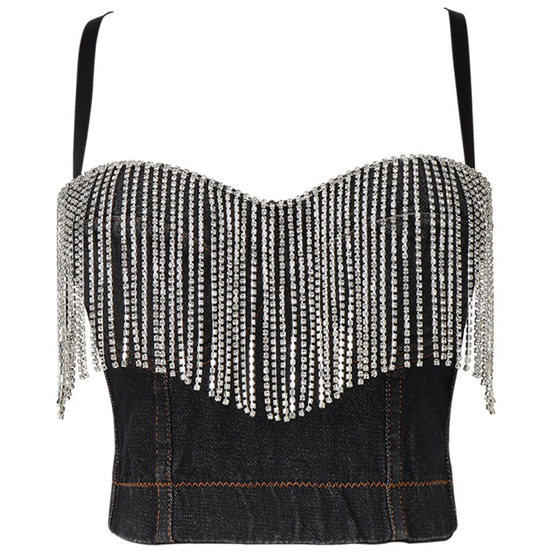 Denim Strapless Top with Tassel and Rhinestone Design for Women