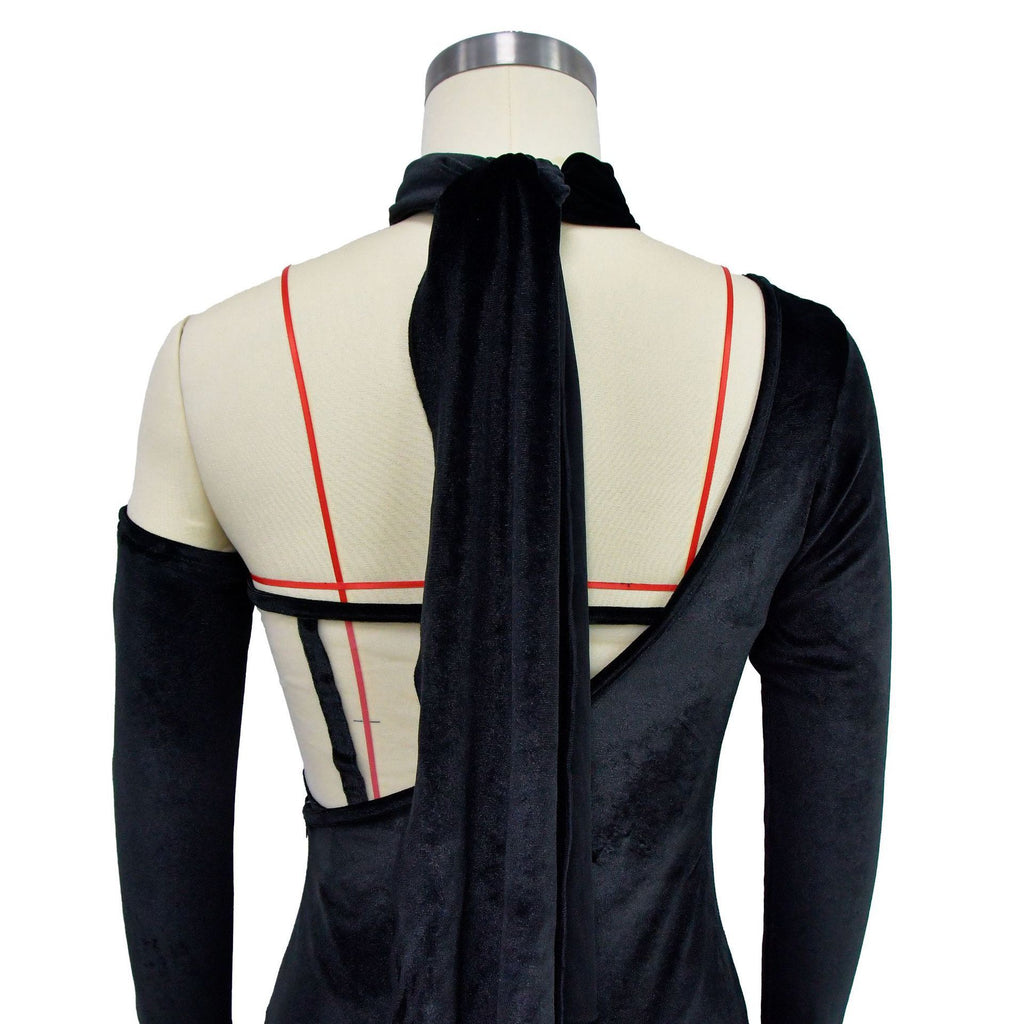 Vestido Largo Sin Tirantes Manga Larga Terciopelo Cintura Elástica Elegante Mujer