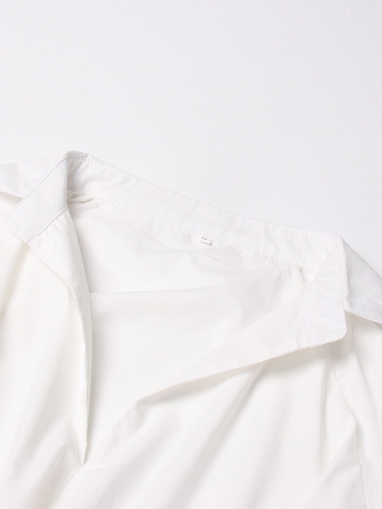 Ruched Loose Shirt For Women Lapel Long Sleeve Asymmetrical Hem Solid Minimalist Casual Blouses Female Clothing New
