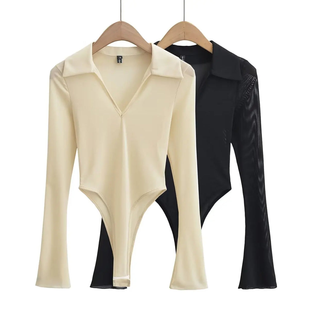 Women Sexy Mesh Flare Sleeve Black Bodysuits Perspective Elastic Slim Jumpsuits