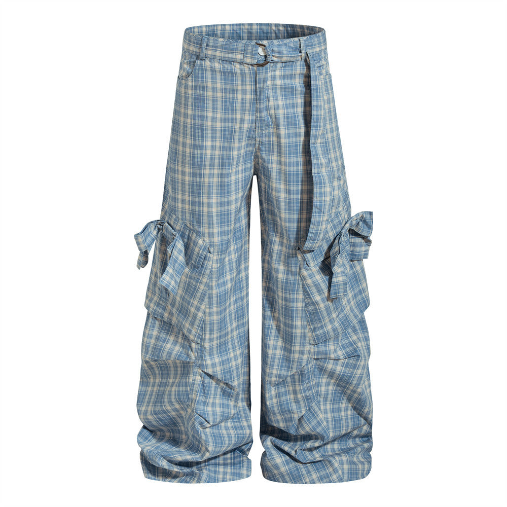 Pantalón Largo Holgado Cuadros Lazo Bolsillos Grandes Algodón Talle Medio Mujer