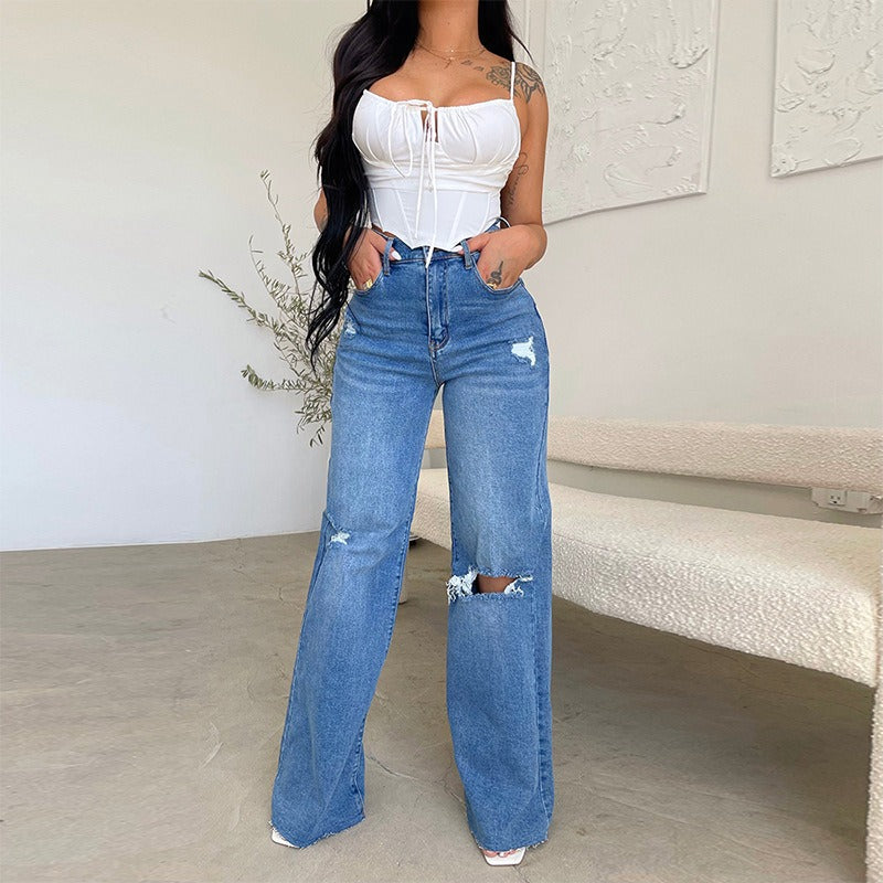 Vaqueros Rotos Pierna Ancha Cintura Alta Denim Vintage Casual Mujer