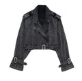 Chaqueta Vaquera Corta Denim Algodón Cinturón Manga Larga Solapa Bomber Streetwear Otoño Mujer