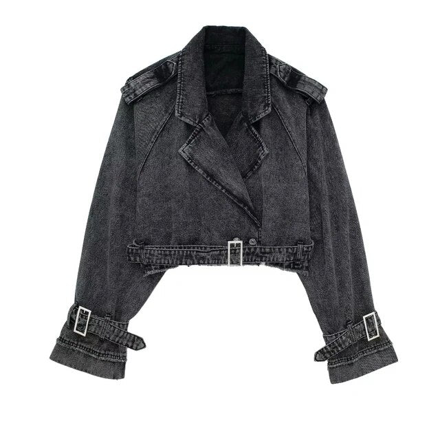 Chaqueta Vaquera Corta Denim Algodón Cinturón Manga Larga Solapa Bomber Streetwear Otoño Mujer