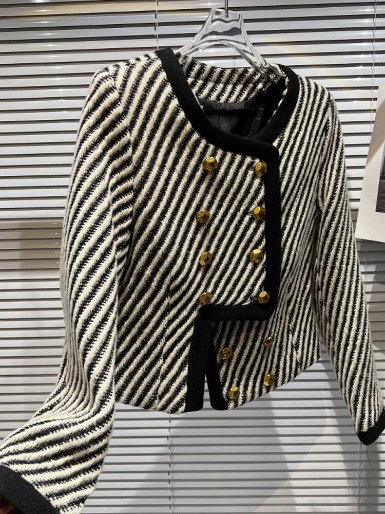 Chaqueta Twill Poliéster Tejido Rayas Cuadros Cuello Redondo Doble Botonadura Manga Larga Cálida Otoño Invierno Mujer