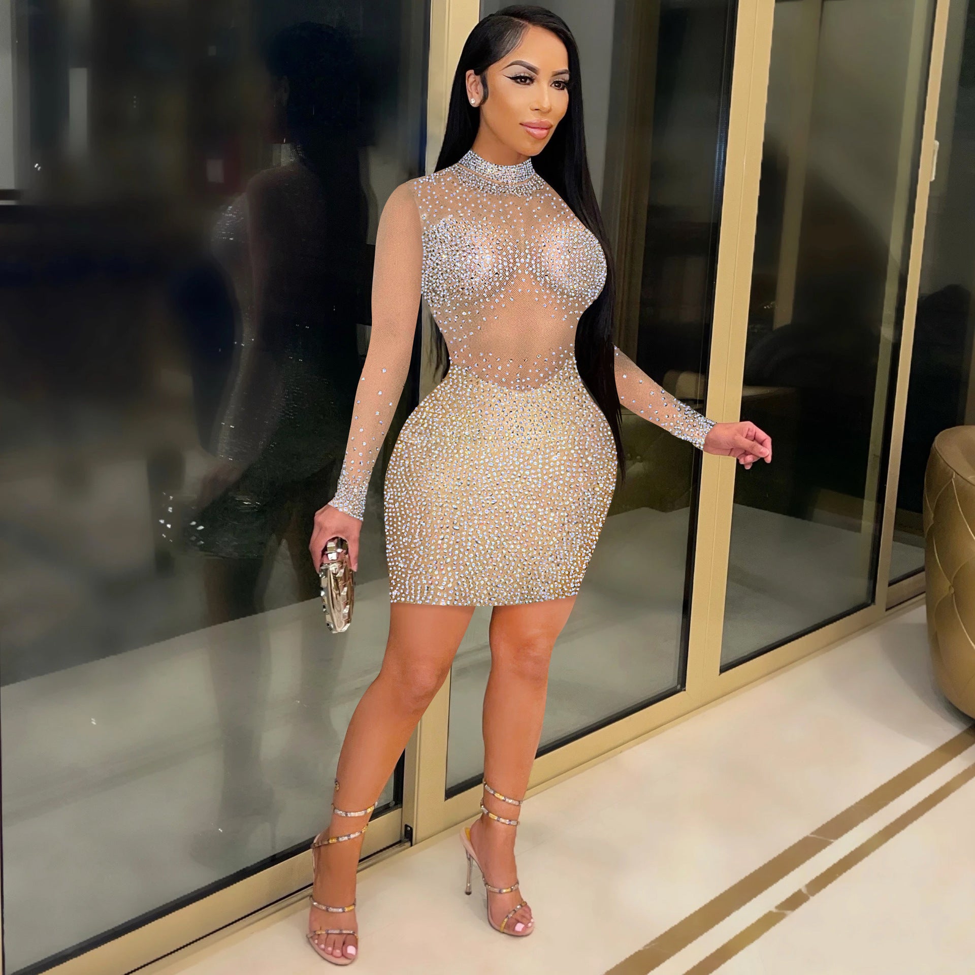 Vestido Sexy de manga larga con pedrería y transparente