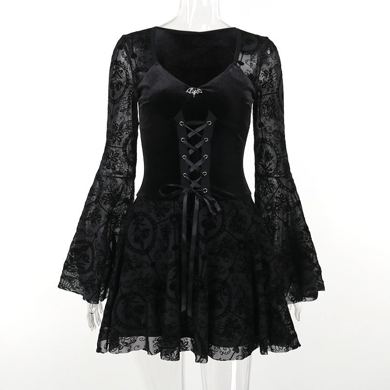 Vestido Largo Terciopelo Retro Glamour Gótico Manga Larga Ajustado Negro