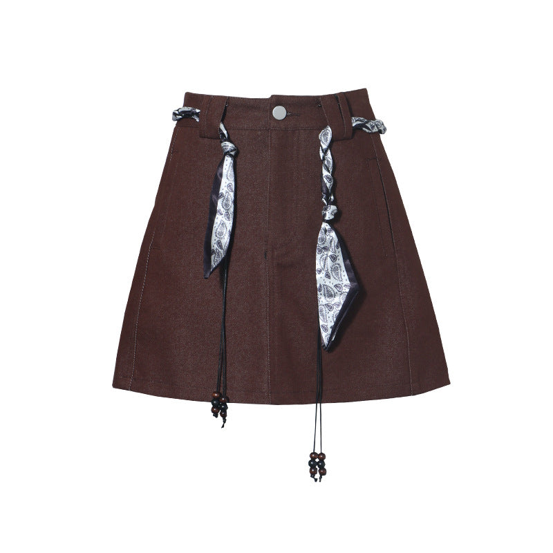 Silk scarf strap belt, high waist slimming denim skirt