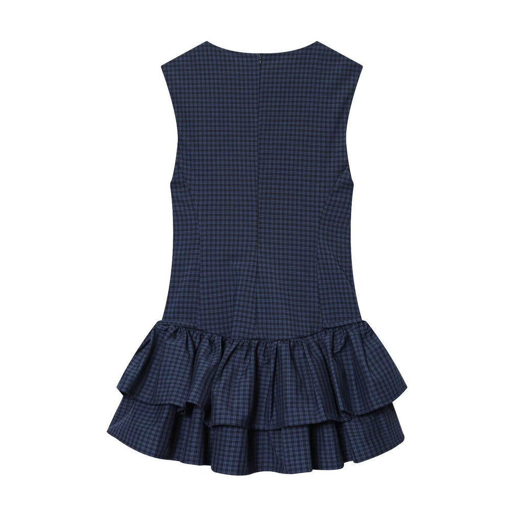 Vestido Mini a Cuadros con Decoración en Capas Sin Mangas Silueta A-Line Mujer
