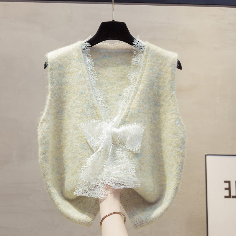 Lace Bow Knit Vest for Women, Soft and Loose V-Neck Sleeveless Sweater