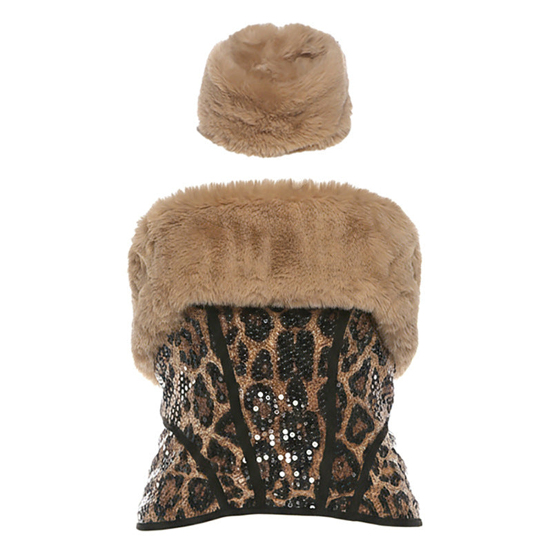 Faux Fur Patchwork Leopard Print Sequin Crop Top for Women